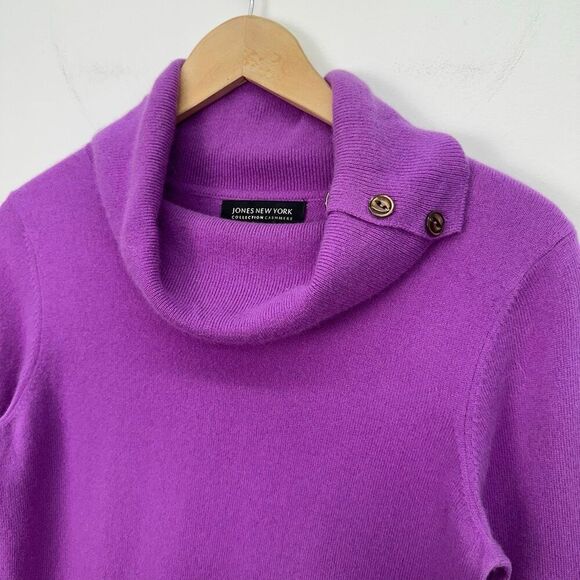 Jones New York Women’s Purple Cashmere Button Detail Funnel Neck Sweater - Picture 4 of 5